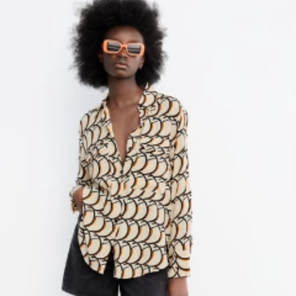 Zara Beige Black Crescent Print Button-Down Shirt